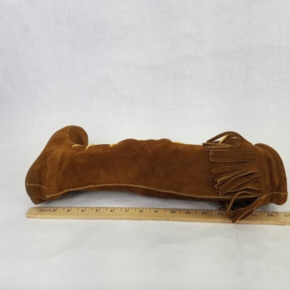 Minnetonka Knee High Boot Womens 7 Moccasins Fringe Front Lace Leather Brown USA - Picture 16 of 16